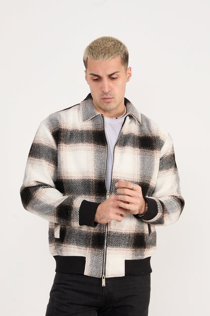 X-2038 Men’s Knit Plaid Bomber Jacket – Cream Brown Check