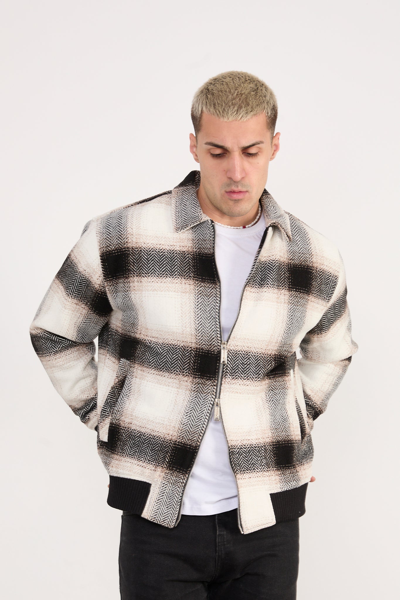 X-2038 Men’s Knit Plaid Bomber Jacket – Cream Brown Check