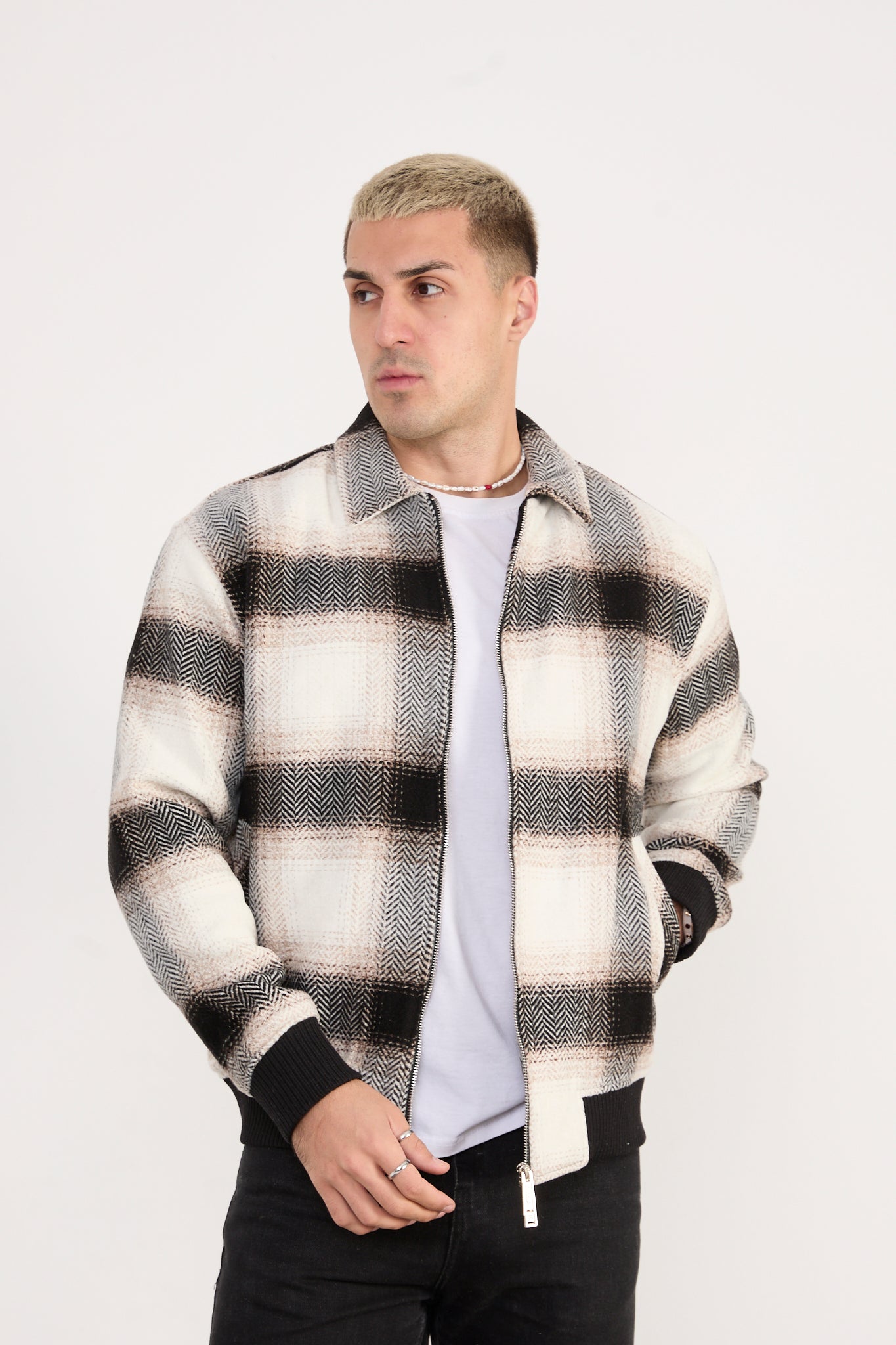 X-2038 Men’s Knit Plaid Bomber Jacket – Cream Brown Check