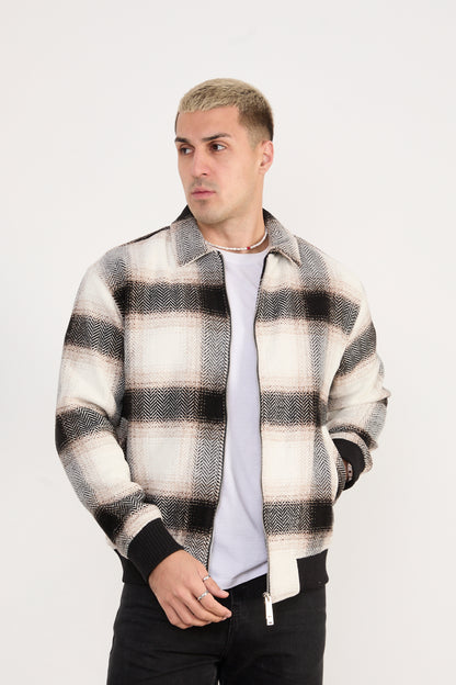 X-2038 Men’s Knit Plaid Bomber Jacket – Cream Brown Check