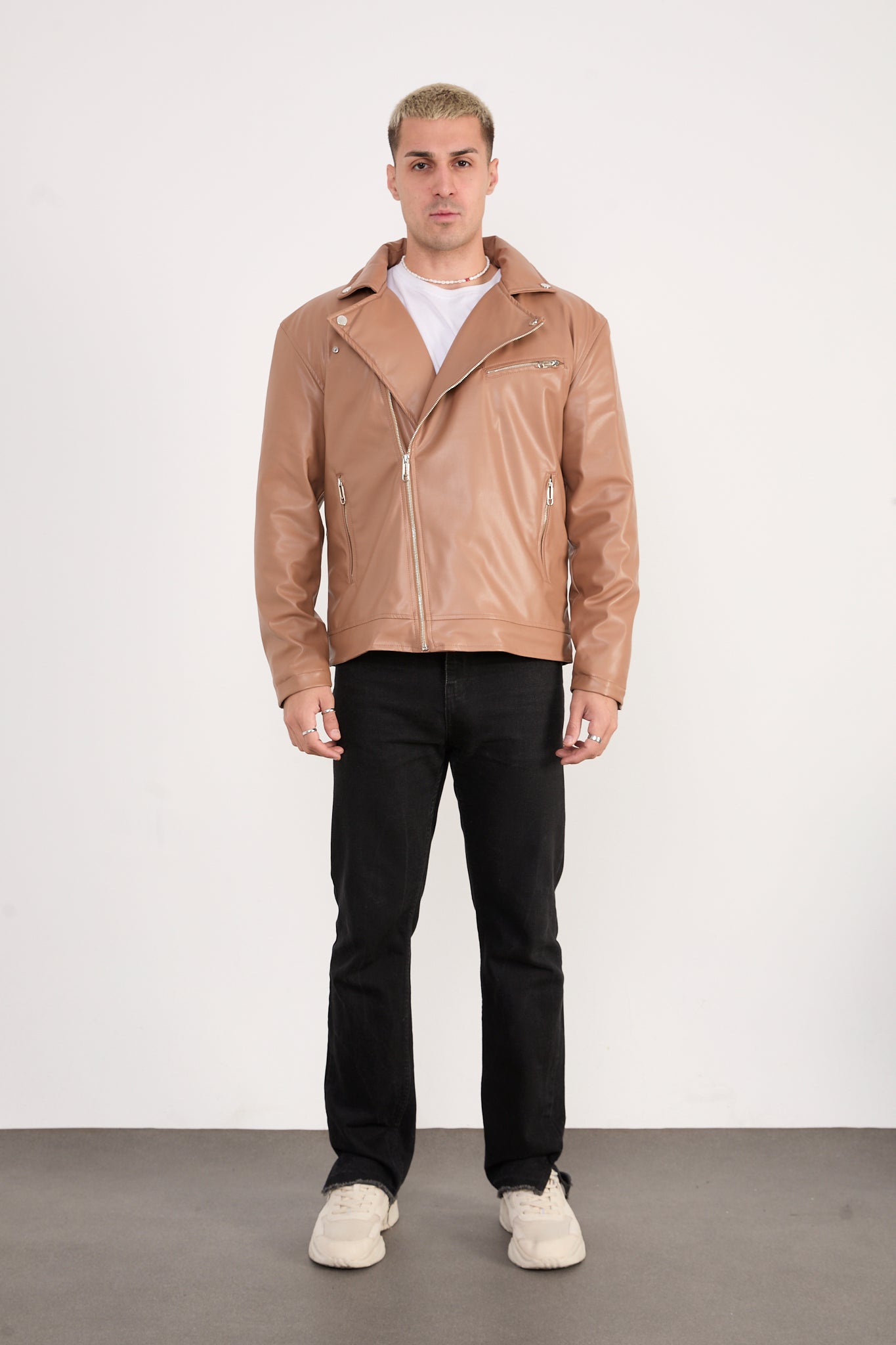 X-2028 Men’s Vegan Leather Biker Jacket – Camel