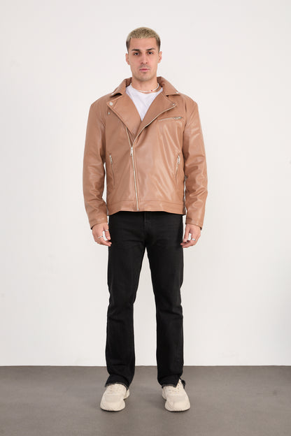 X-2028 Men’s Vegan Leather Biker Jacket – Camel