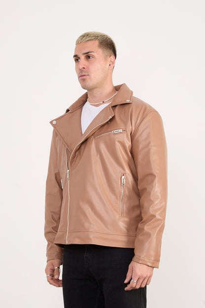 X-2028 Men’s Vegan Leather Biker Jacket – Camel