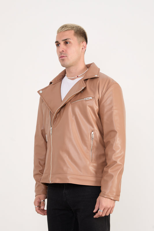 X-2028 Men’s Vegan Leather Biker Jacket – Camel