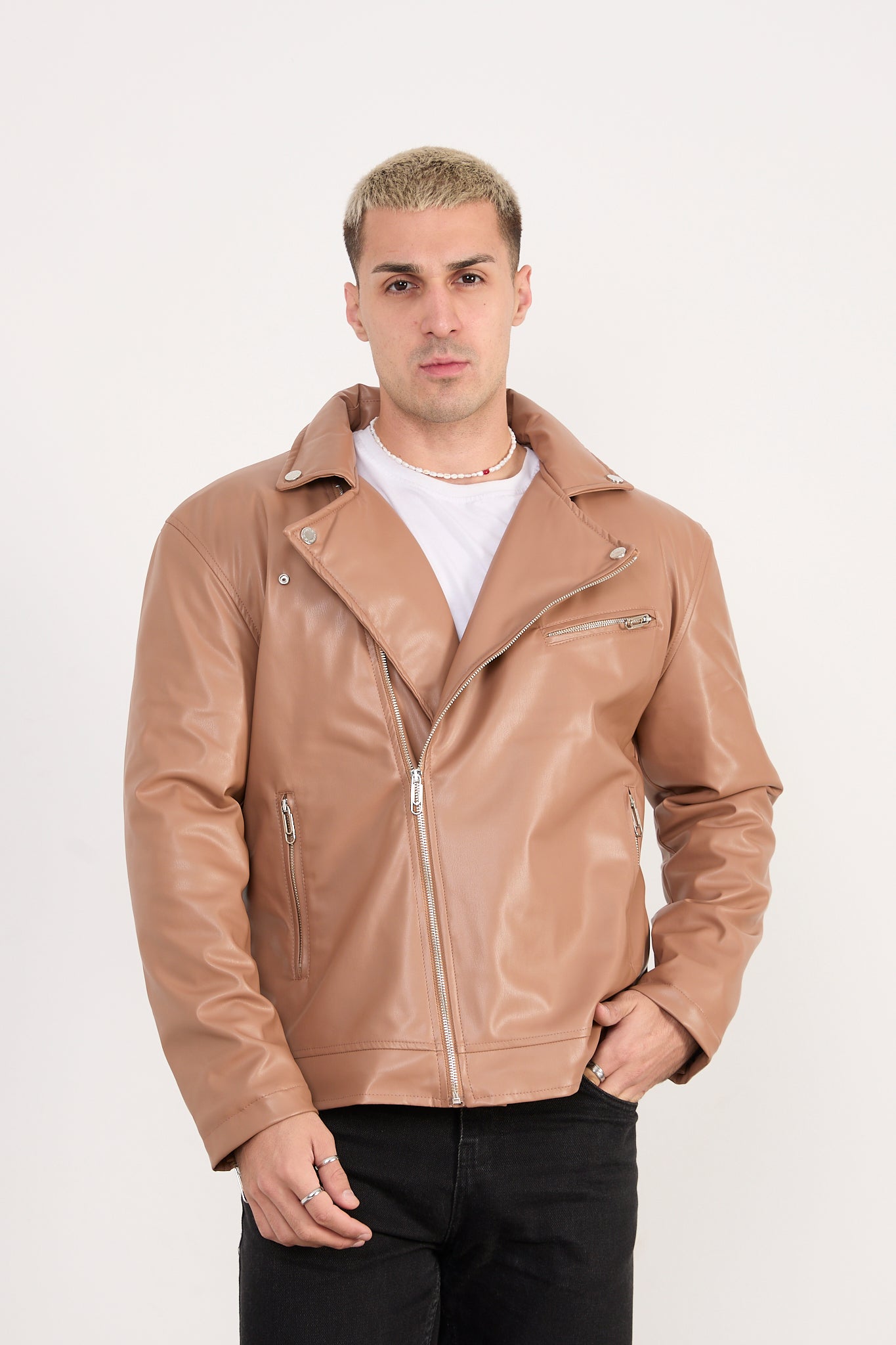 X-2028 Men’s Vegan Leather Biker Jacket – Camel