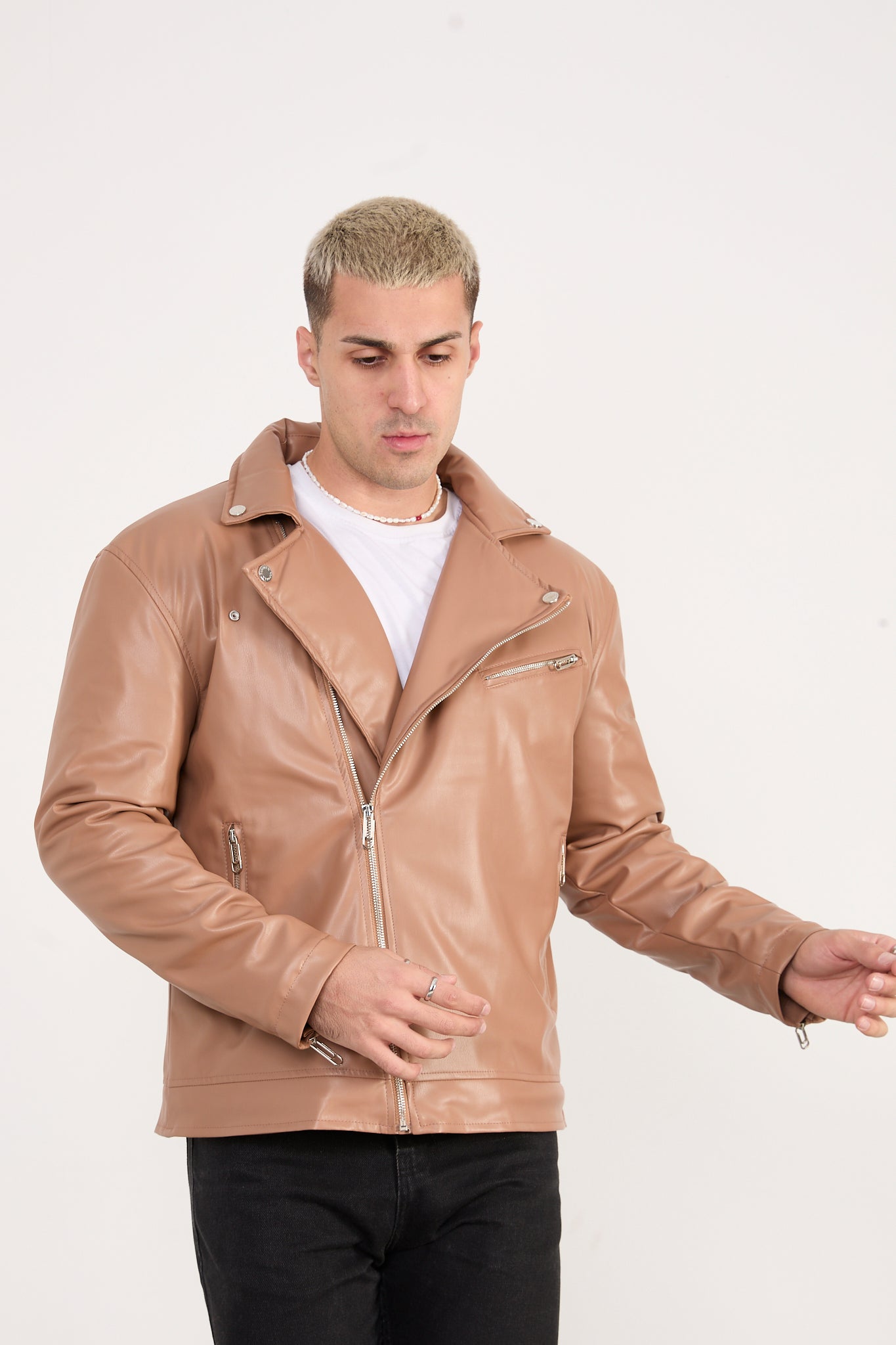 X-2028 Men’s Vegan Leather Biker Jacket – Camel