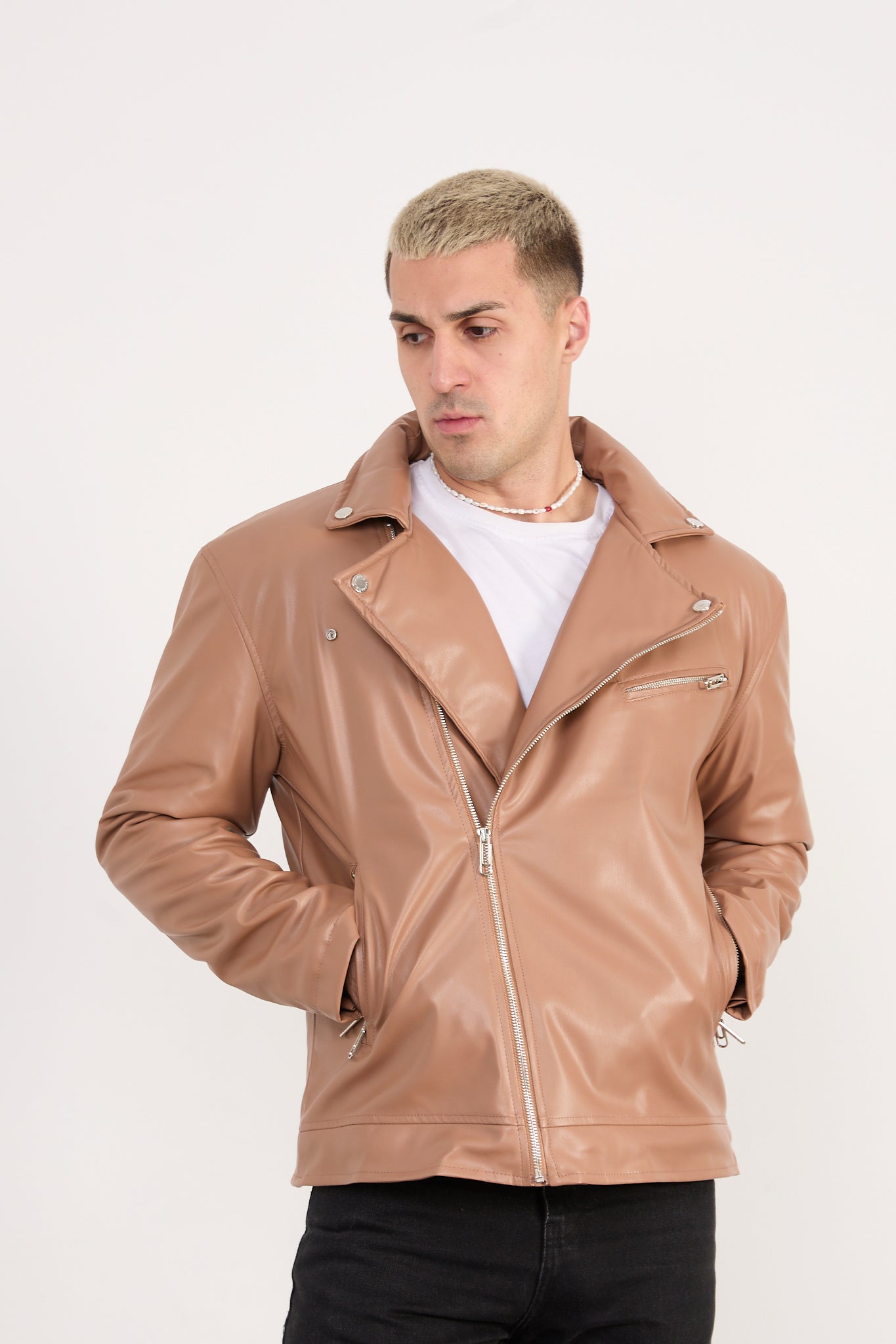 X-2028 Men’s Vegan Leather Biker Jacket – Camel