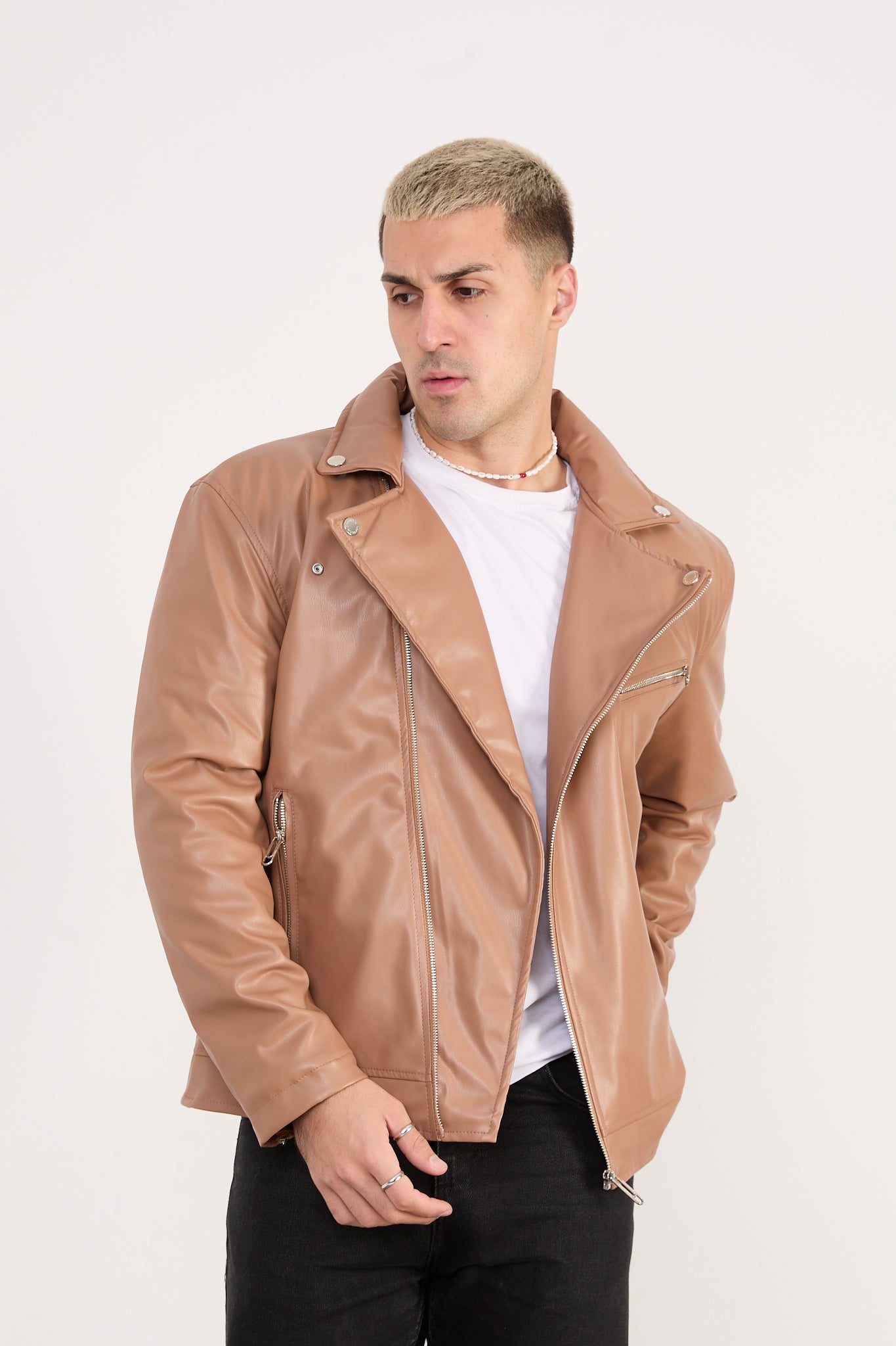 X-2028 Men’s Vegan Leather Biker Jacket – Camel