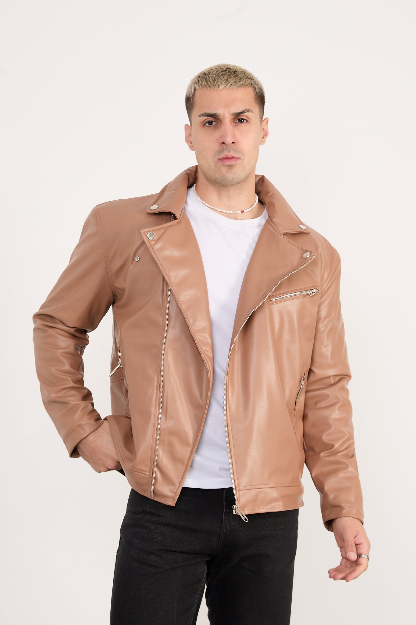 X-2028 Men’s Vegan Leather Biker Jacket – Camel