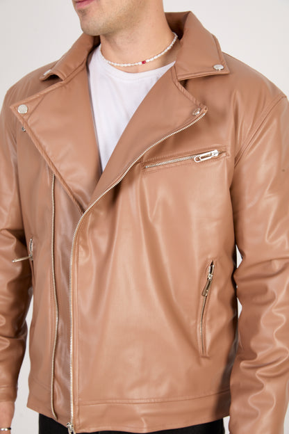 X-2028 Men’s Vegan Leather Biker Jacket – Camel