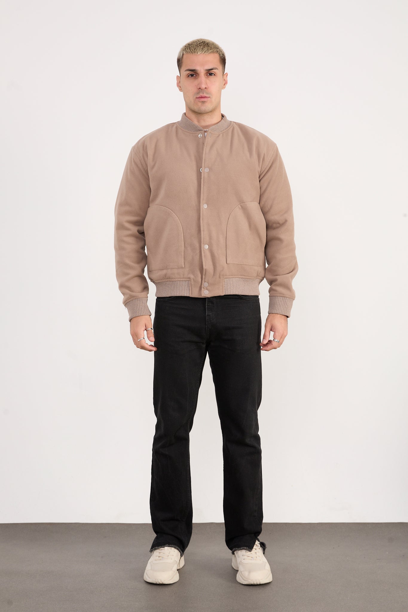 X-2026 Men’s Beige Wool-Blend Bomber Jacket – Classic Button-Up Style