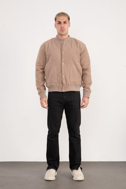 X-2026 Men’s Beige Wool-Blend Bomber Jacket – Classic Button-Up Style