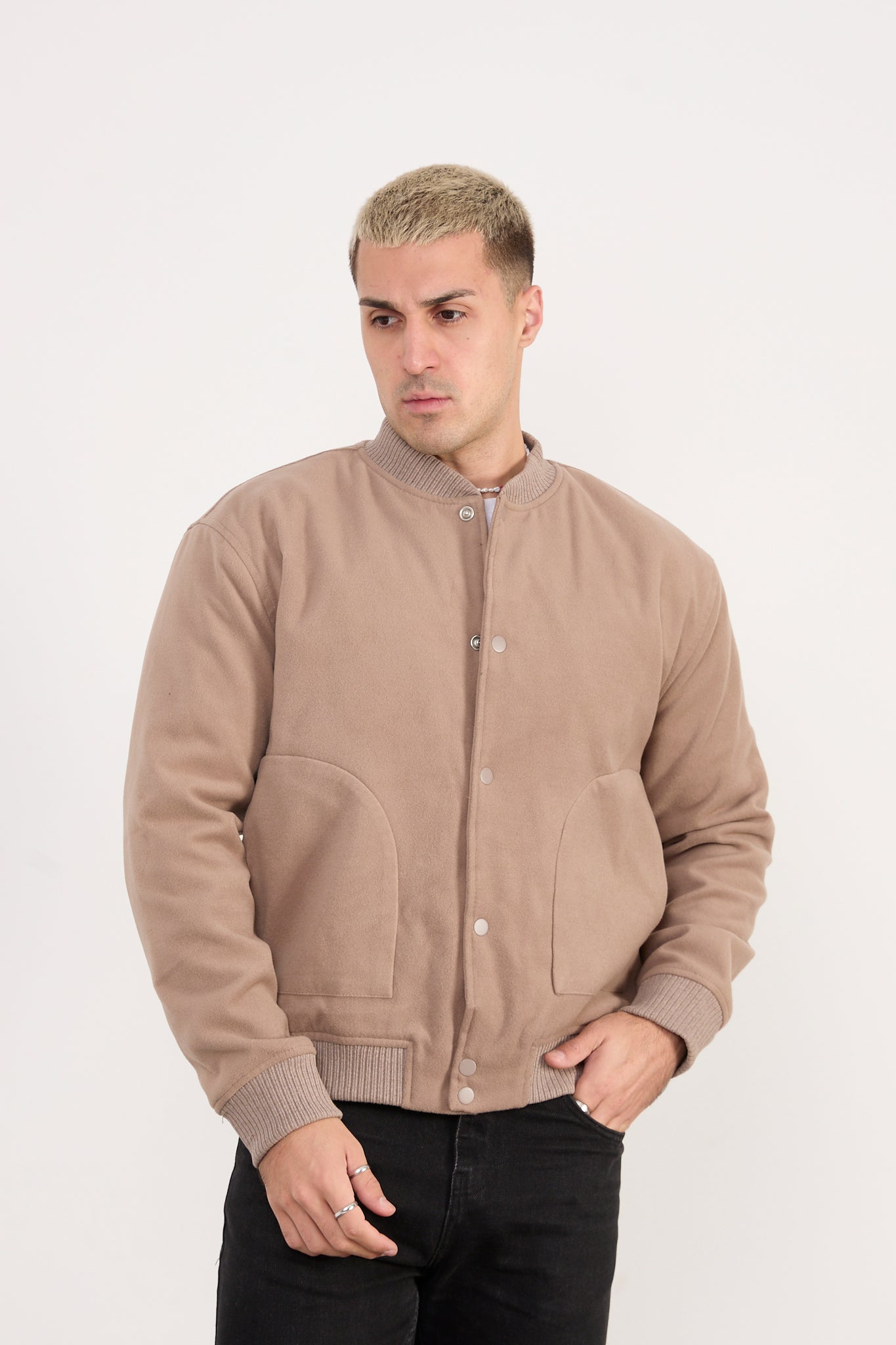 X-2026 Men’s Beige Wool-Blend Bomber Jacket – Classic Button-Up Style