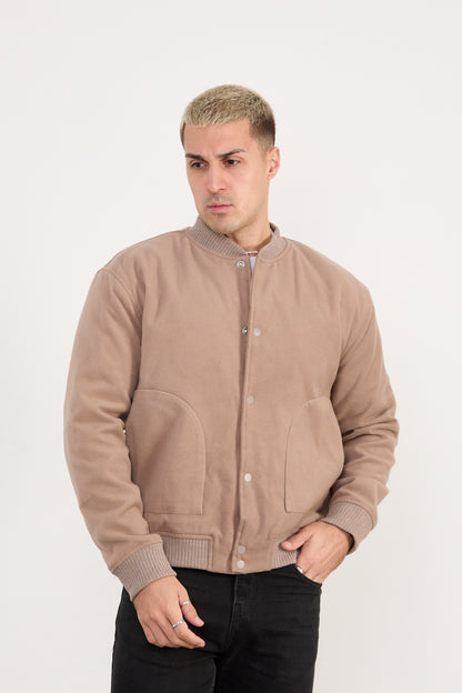 X-2026 Men’s Beige Wool-Blend Bomber Jacket – Classic Button-Up Style