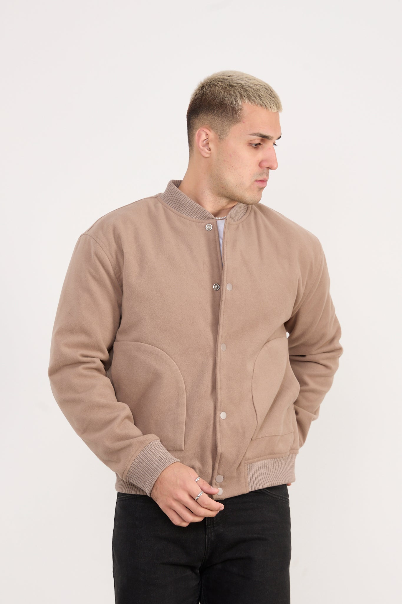 X-2026 Men’s Beige Wool-Blend Bomber Jacket – Classic Button-Up Style