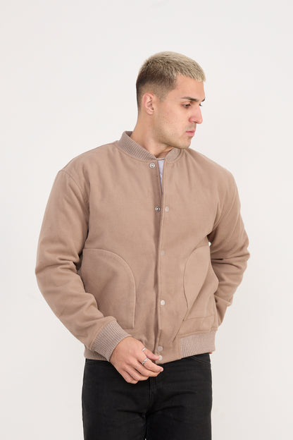 X-2026 Men’s Beige Wool-Blend Bomber Jacket – Classic Button-Up Style
