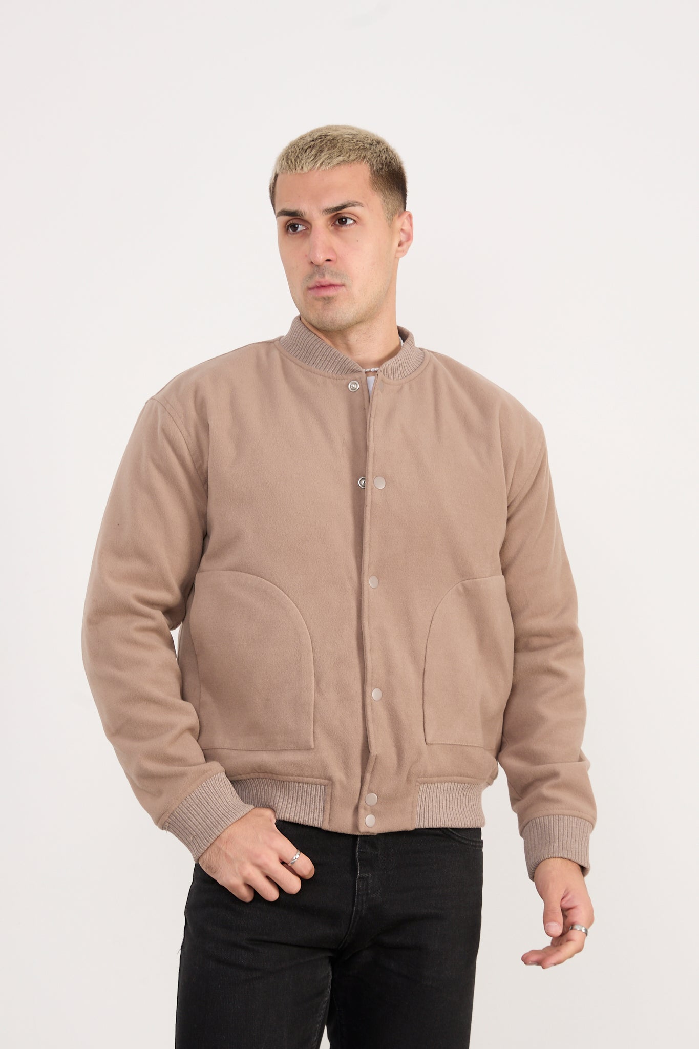 X-2026 Men’s Beige Wool-Blend Bomber Jacket – Classic Button-Up Style