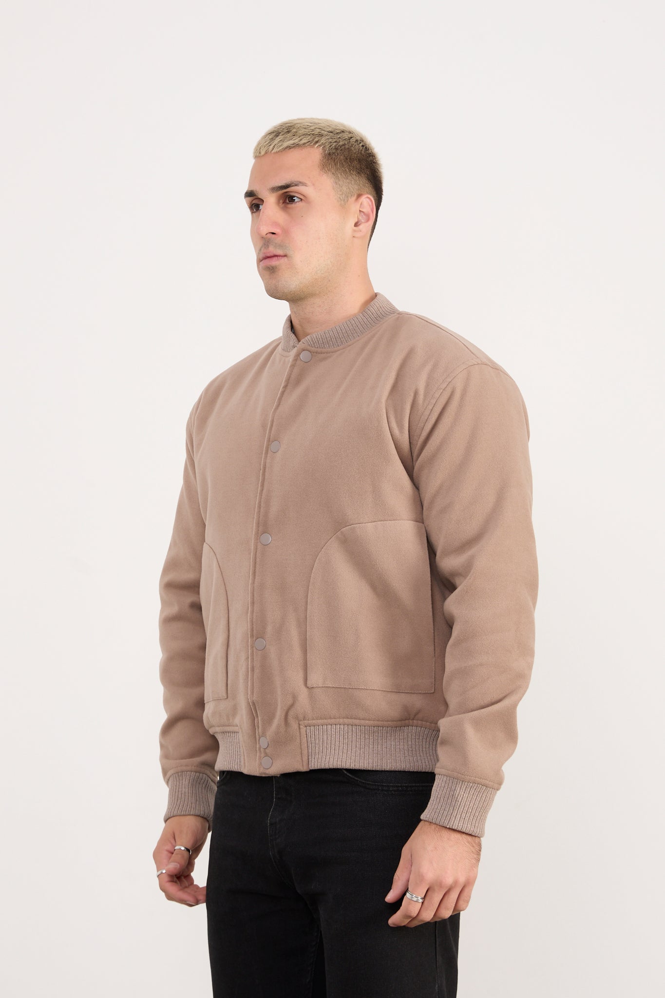 X-2026 Men’s Beige Wool-Blend Bomber Jacket – Classic Button-Up Style