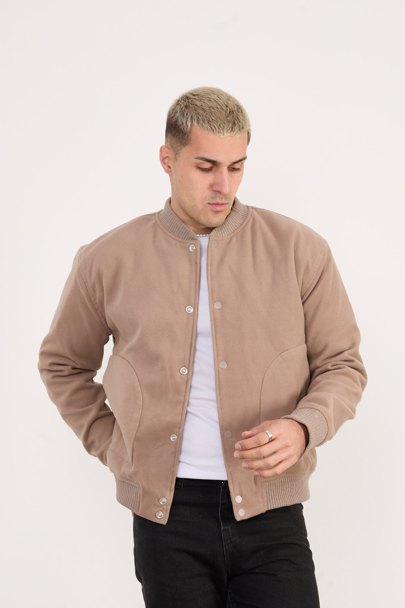 X-2026 Men’s Beige Wool-Blend Bomber Jacket – Classic Button-Up Style