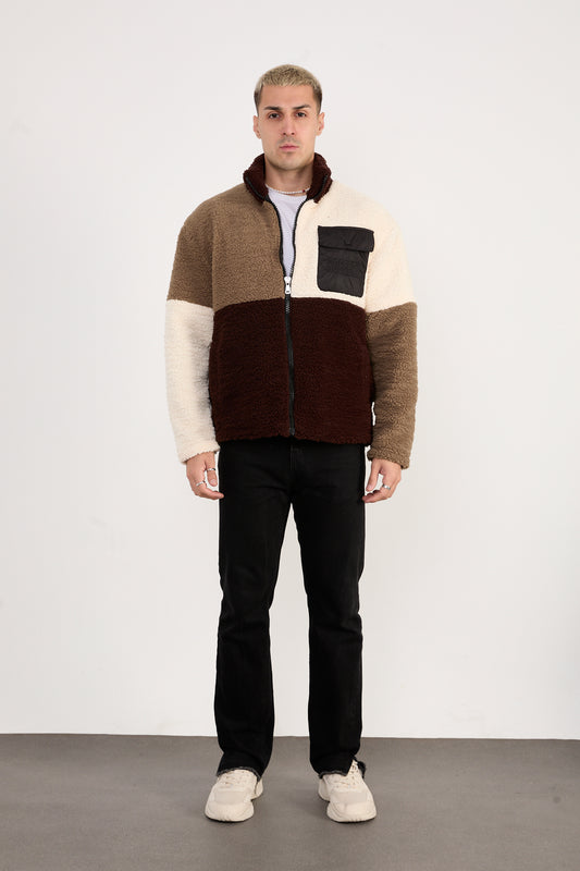 X-2041 Men’s Colorblock Sherpa Fleece Jacket – Brown / Cream / Taupe | Full-Zip, Soft Plush Fabric