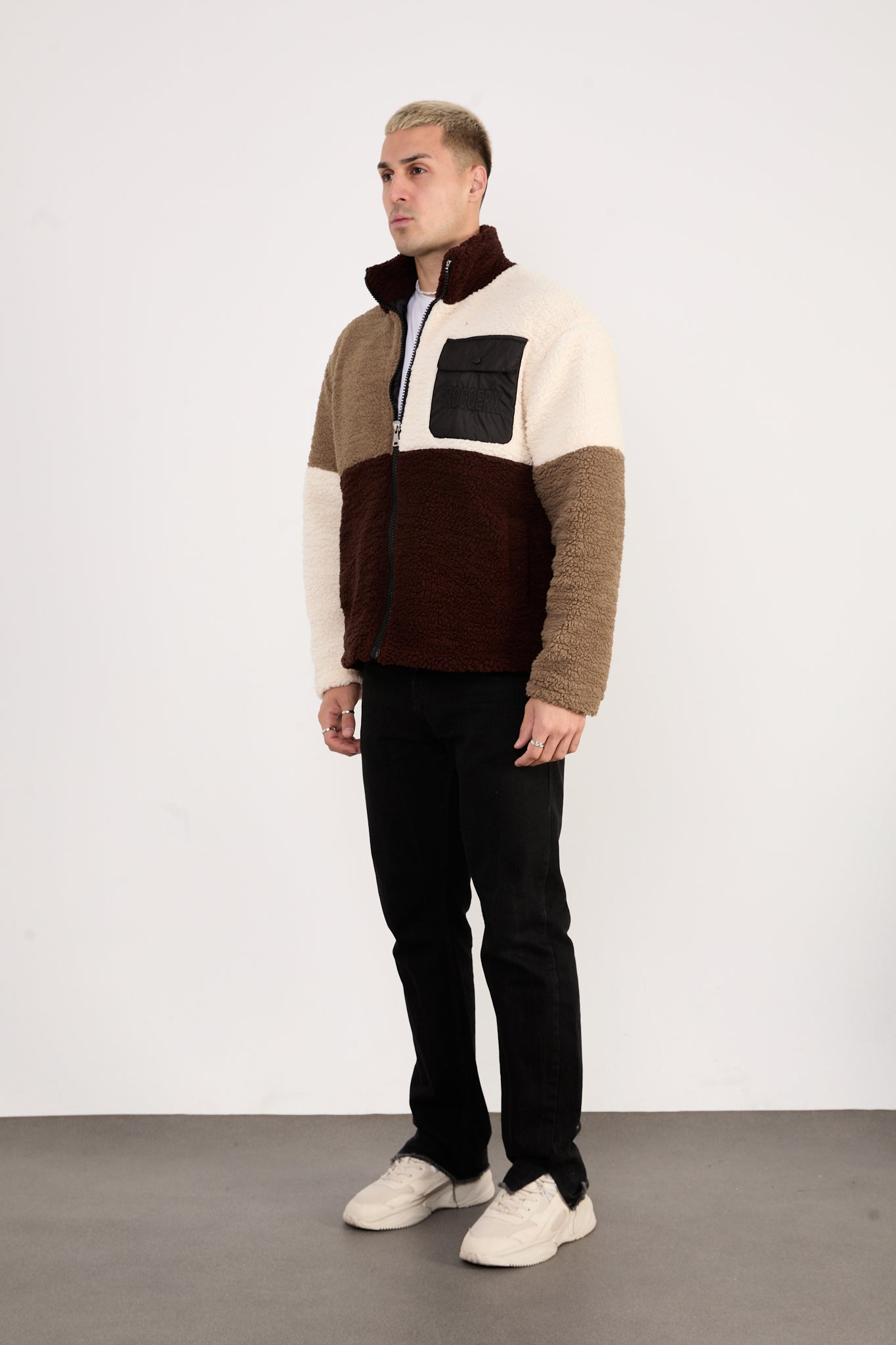 X-2041 Men’s Colorblock Sherpa Fleece Jacket – Brown / Cream / Taupe | Full-Zip, Soft Plush Fabric