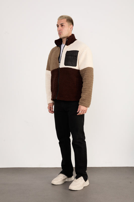 X-2041 Men’s Colorblock Sherpa Fleece Jacket – Brown / Cream / Taupe | Full-Zip, Soft Plush Fabric