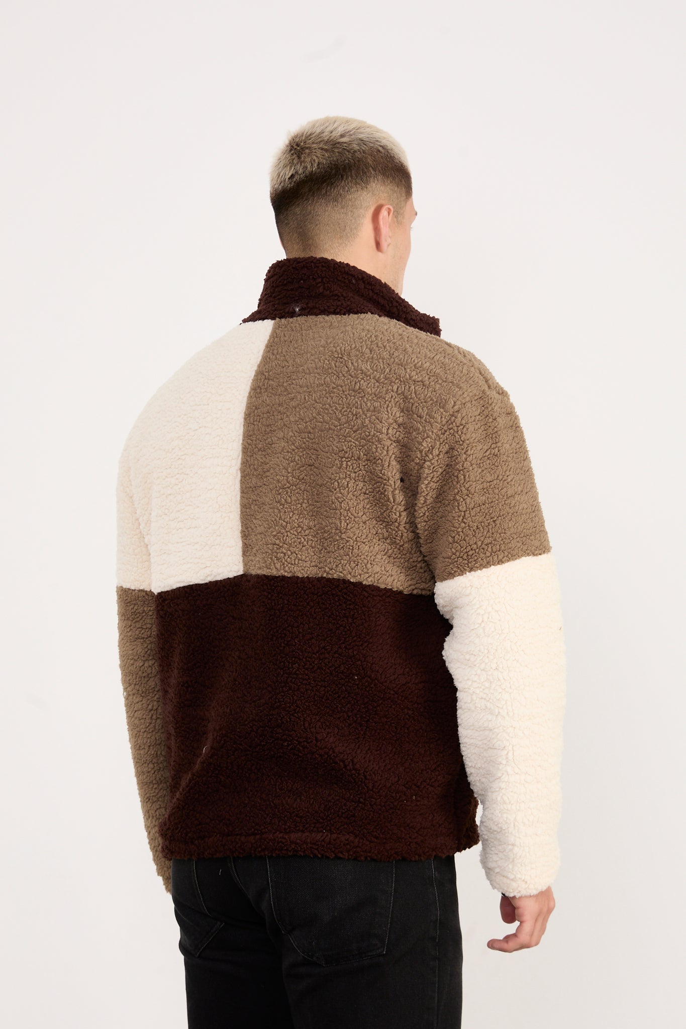 X-2041 Men’s Colorblock Sherpa Fleece Jacket – Brown / Cream / Taupe | Full-Zip, Soft Plush Fabric