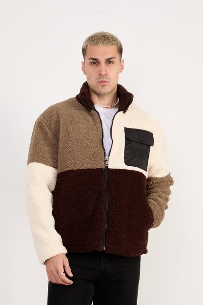 X-2041 Men’s Colorblock Sherpa Fleece Jacket – Brown / Cream / Taupe | Full-Zip, Soft Plush Fabric