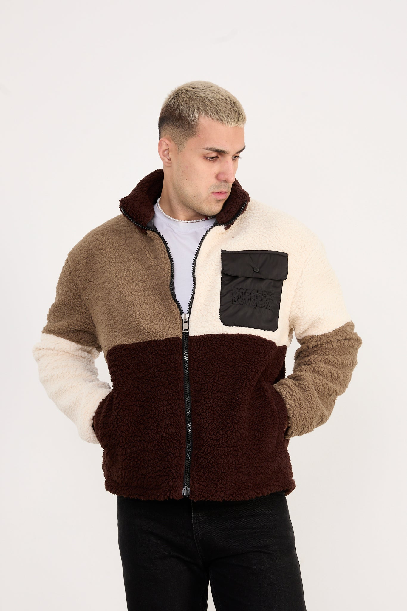 X-2041 Men’s Colorblock Sherpa Fleece Jacket – Brown / Cream / Taupe | Full-Zip, Soft Plush Fabric