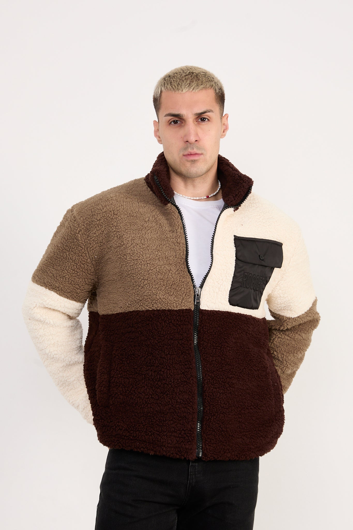 X-2041 Men’s Colorblock Sherpa Fleece Jacket – Brown / Cream / Taupe | Full-Zip, Soft Plush Fabric