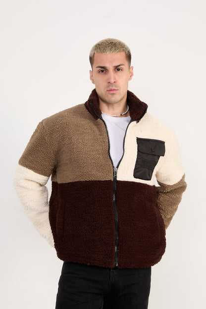 X-2041 Men’s Colorblock Sherpa Fleece Jacket – Brown / Cream / Taupe | Full-Zip, Soft Plush Fabric
