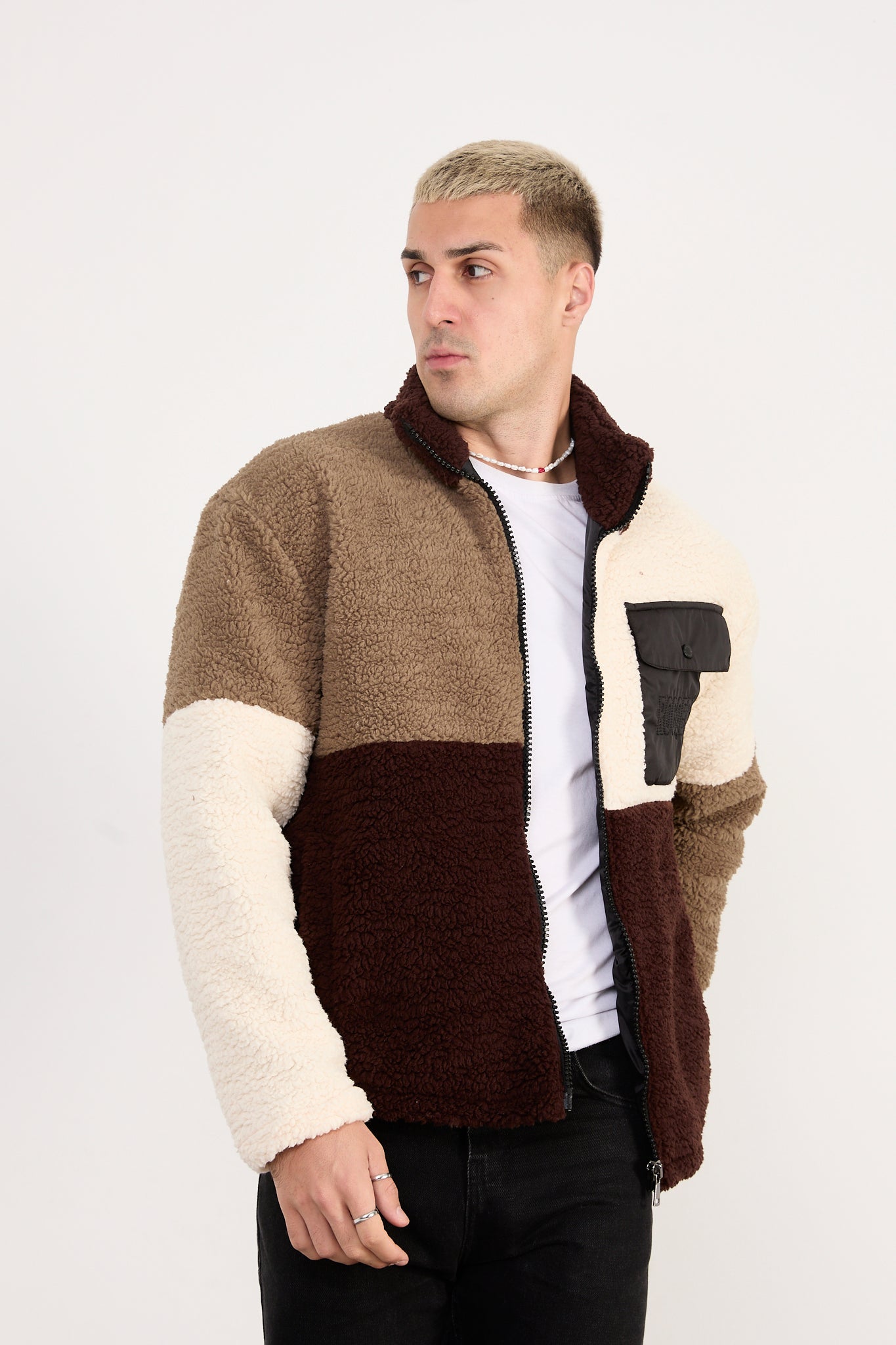 X-2041 Men’s Colorblock Sherpa Fleece Jacket – Brown / Cream / Taupe | Full-Zip, Soft Plush Fabric
