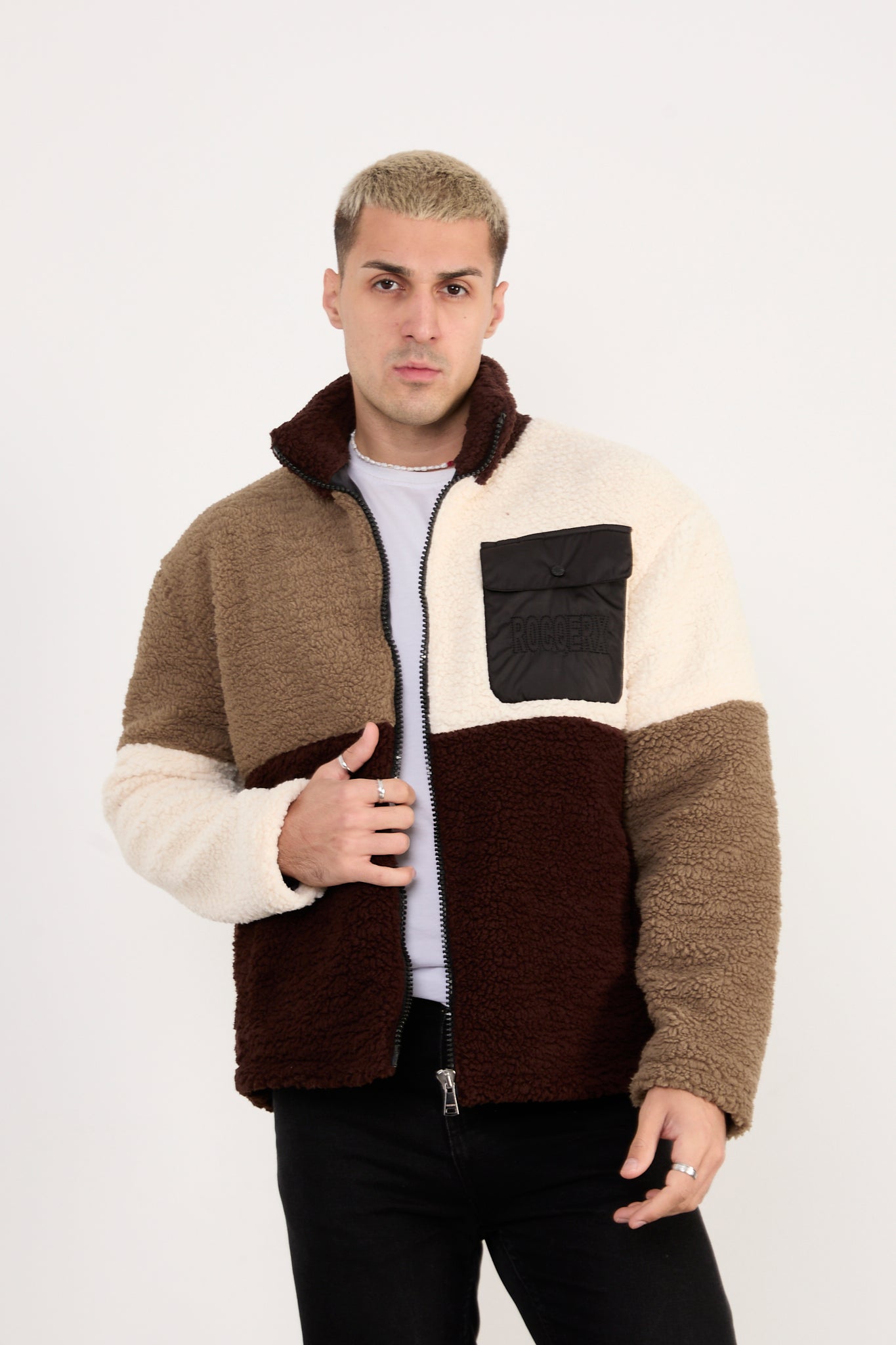 X-2041 Men’s Colorblock Sherpa Fleece Jacket – Brown / Cream / Taupe | Full-Zip, Soft Plush Fabric