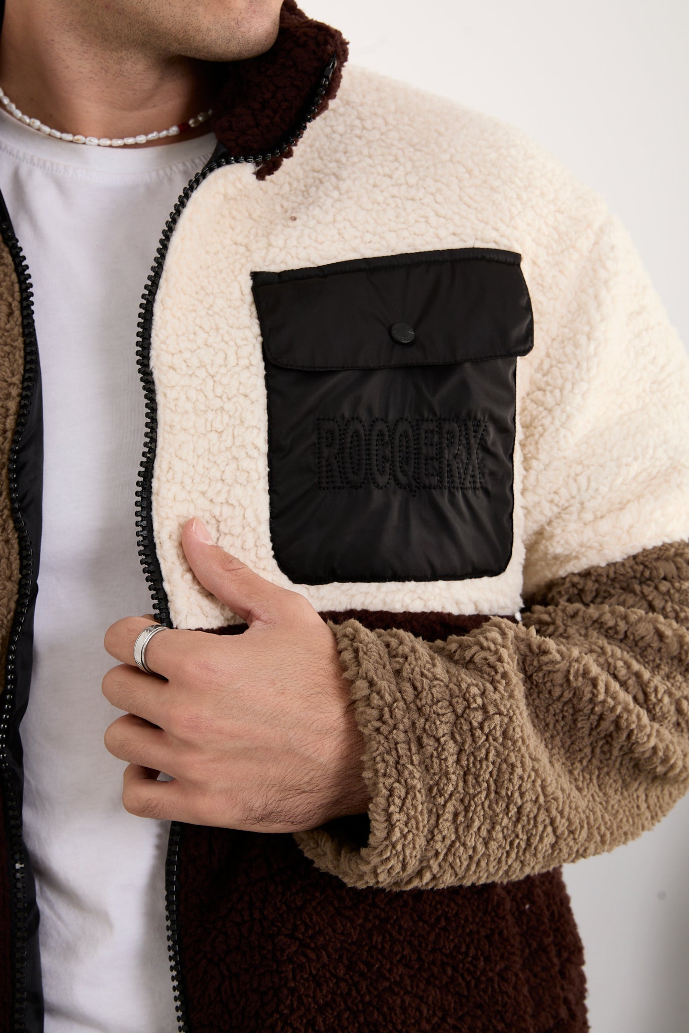 X-2041 Men’s Colorblock Sherpa Fleece Jacket – Brown / Cream / Taupe | Full-Zip, Soft Plush Fabric