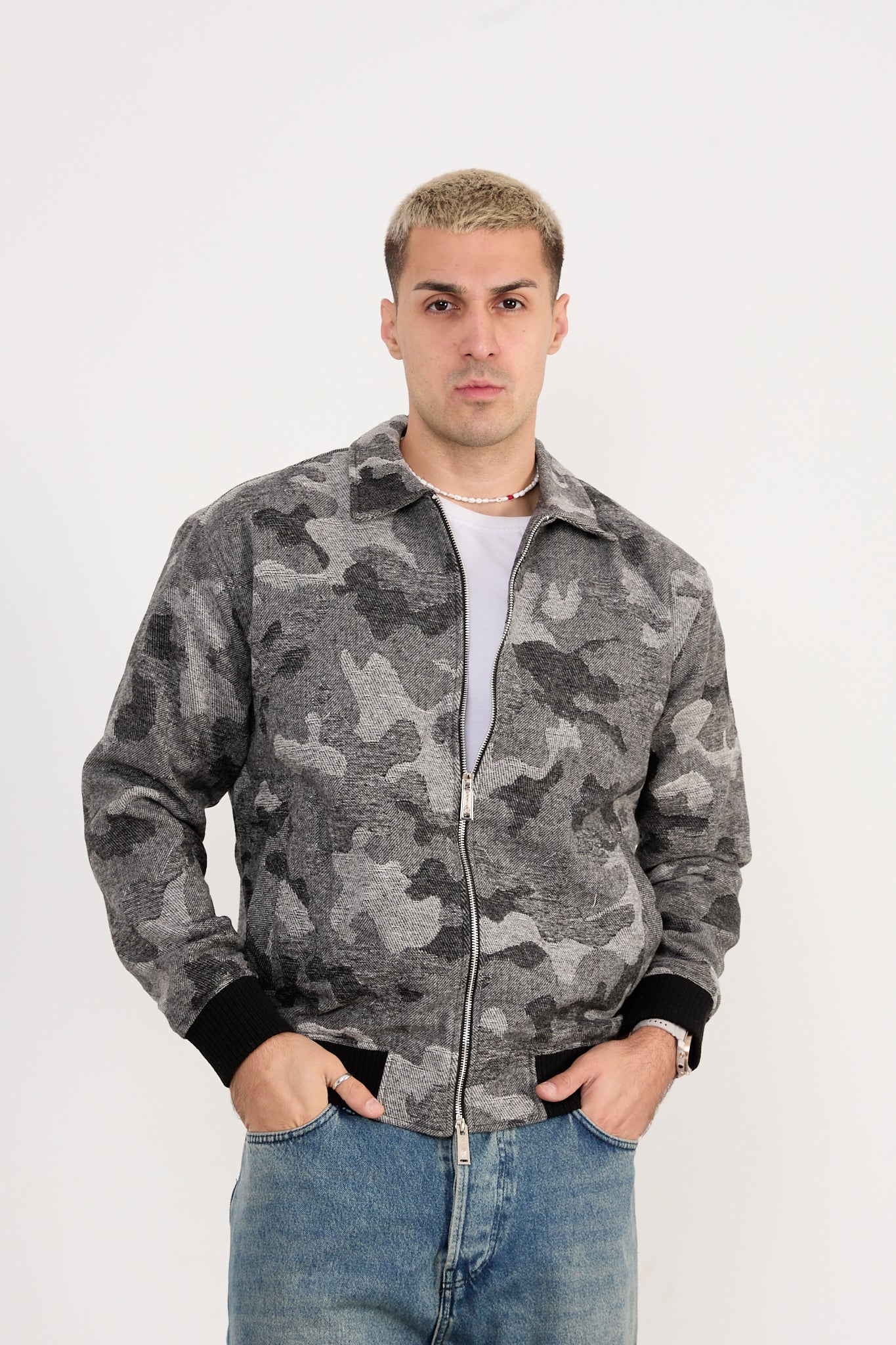 X-2038 Men’s Knit Camo Bomber Jacket – Grey Camo
