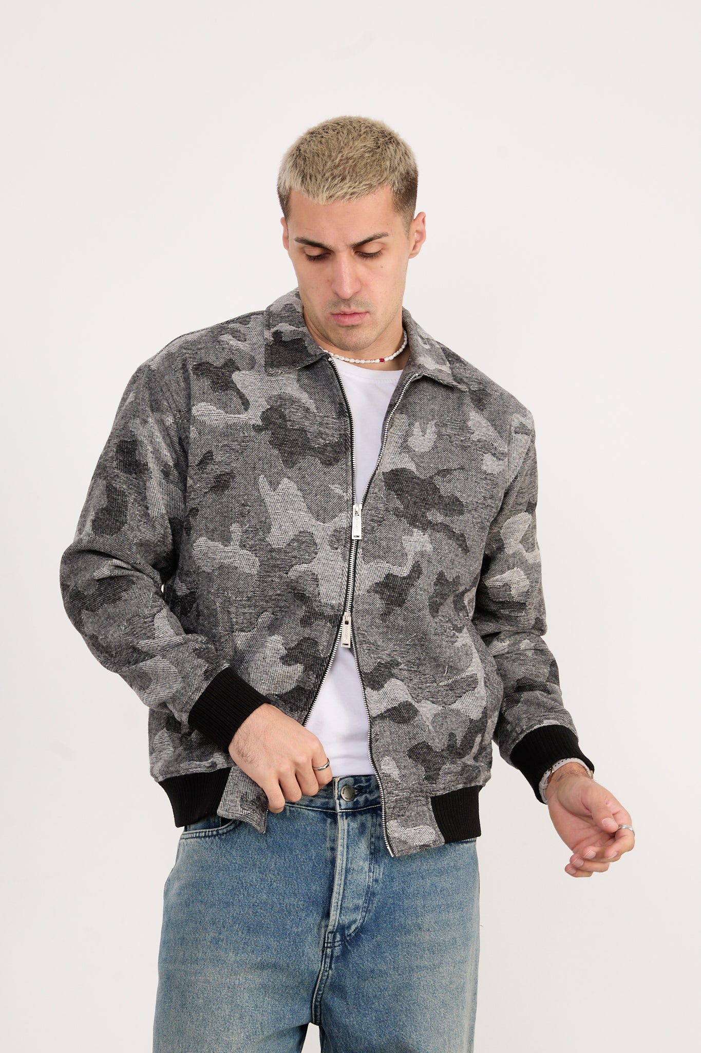 X-2038 Men’s Knit Camo Bomber Jacket – Grey Camo