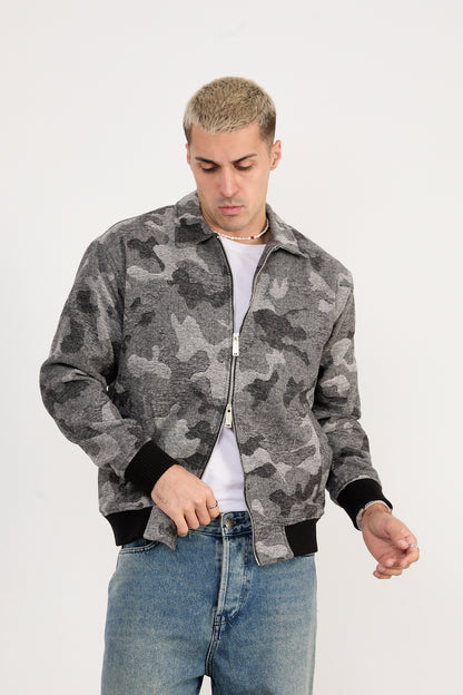 X-2038 Men’s Knit Camo Bomber Jacket – Grey Camo