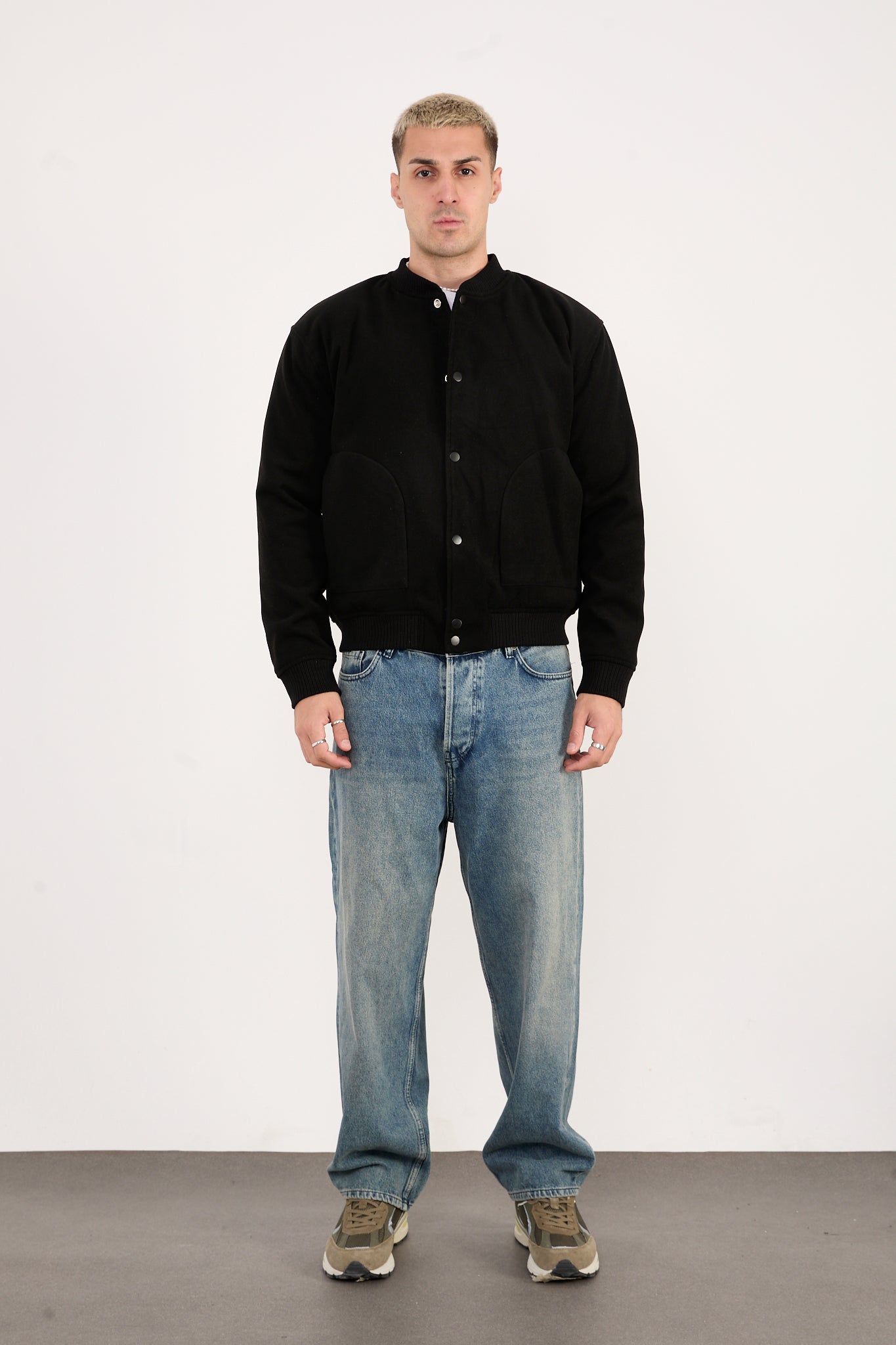 X-2026 Men’s Black Quilted Lined Wool-Blend Bomber Jacket – Snap Button Closure