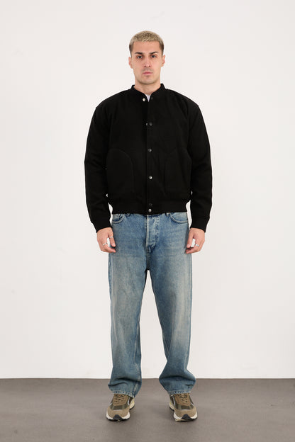 X-2026 Men’s Black Quilted Lined Wool-Blend Bomber Jacket – Snap Button Closure