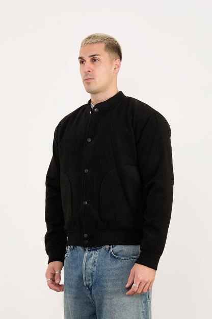 X-2026 Men’s Black Quilted Lined Wool-Blend Bomber Jacket – Snap Button Closure