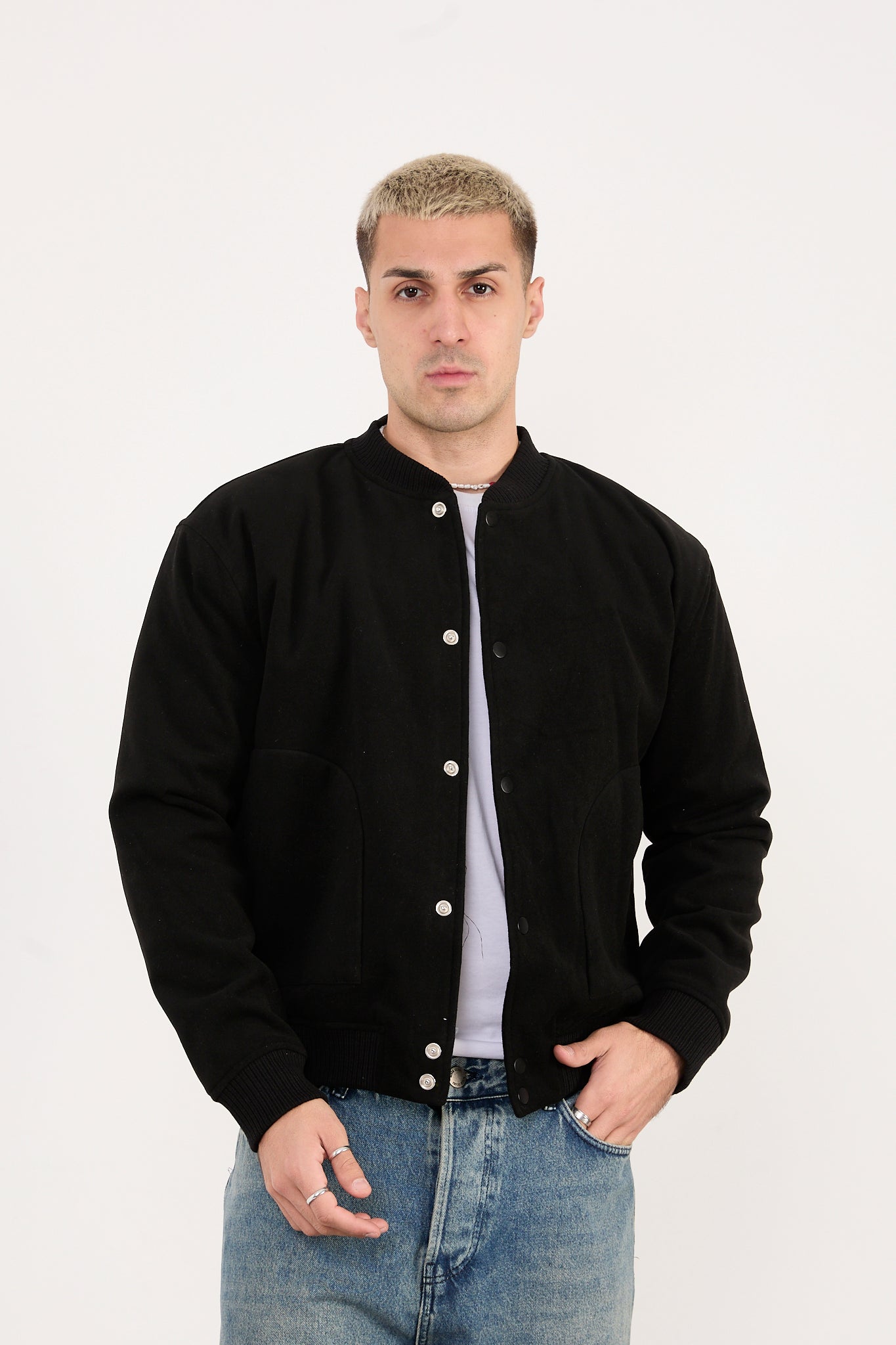 X-2026 Men’s Black Quilted Lined Wool-Blend Bomber Jacket – Snap Button Closure