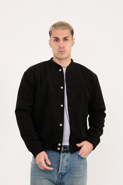 X-2026 Men’s Black Quilted Lined Wool-Blend Bomber Jacket – Snap Button Closure