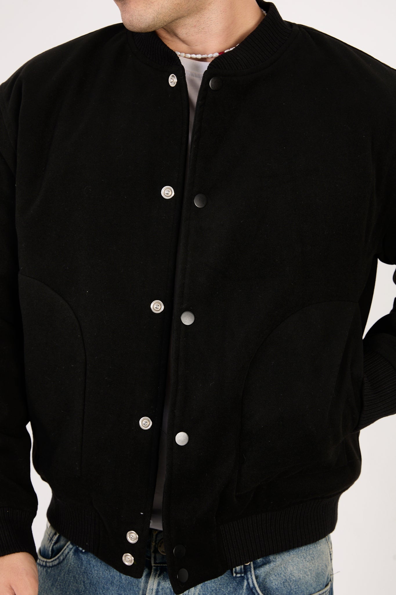 X-2026 Men’s Black Quilted Lined Wool-Blend Bomber Jacket – Snap Button Closure