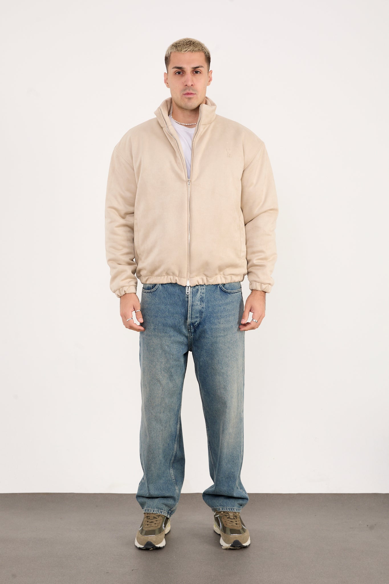 X-2035 Men’s Vegan Leather Zip Jacket with Soft Lining – Beige