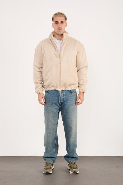 X-2035 Men’s Vegan Leather Zip Jacket with Soft Lining – Beige