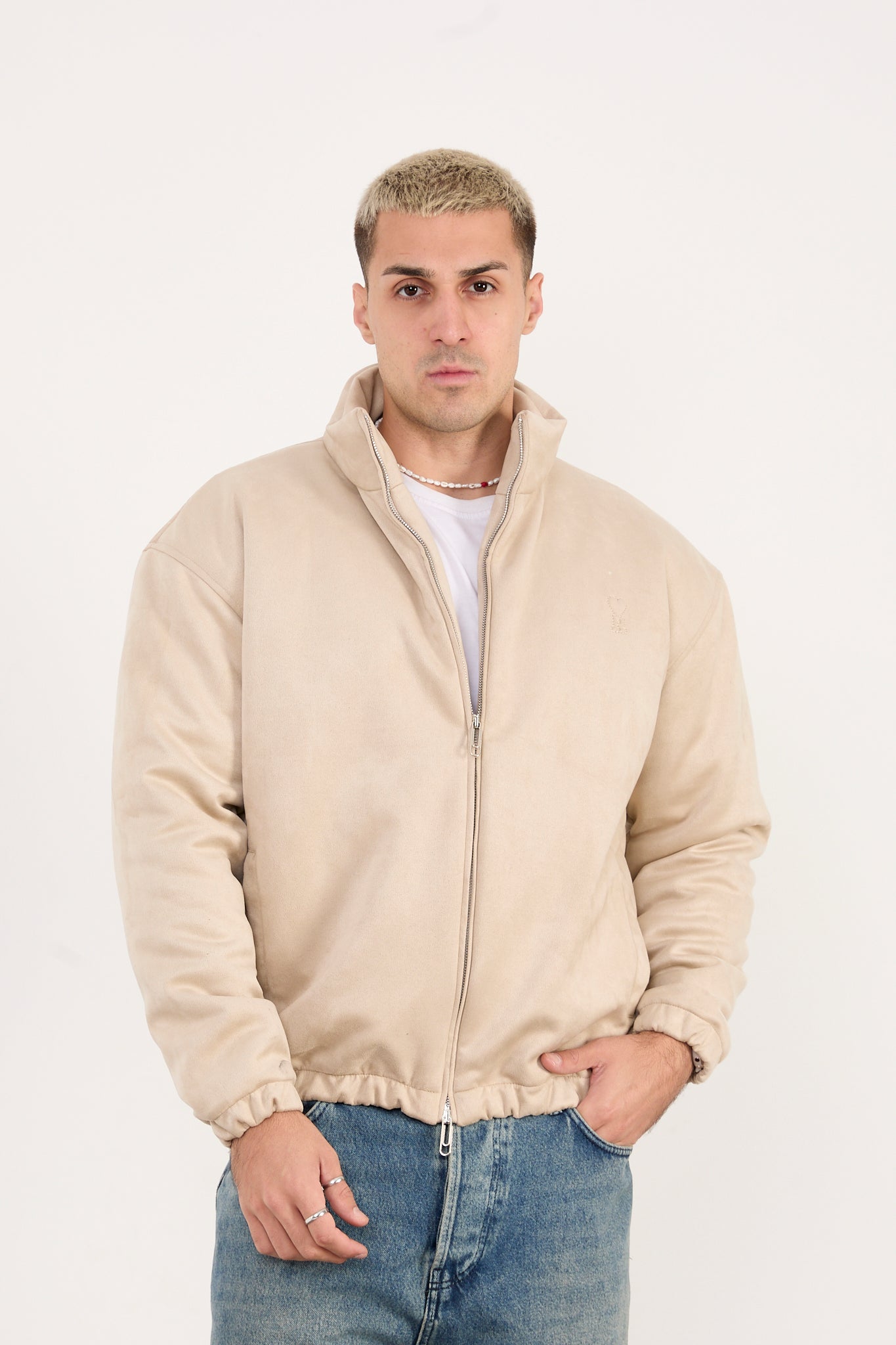 X-2035 Men’s Vegan Leather Zip Jacket with Soft Lining – Beige