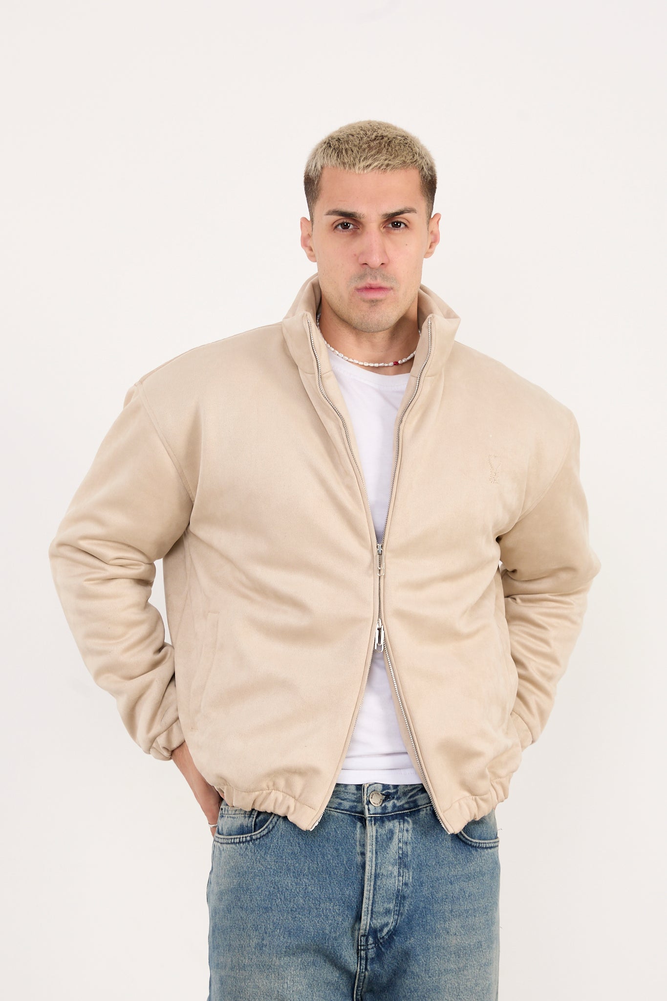 X-2035 Men’s Vegan Leather Zip Jacket with Soft Lining – Beige