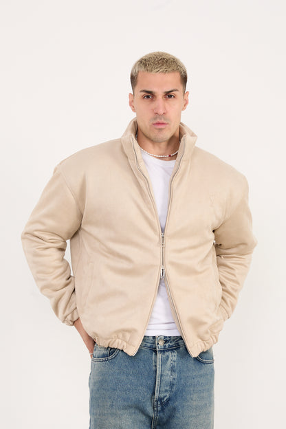X-2035 Men’s Vegan Leather Zip Jacket with Soft Lining – Beige