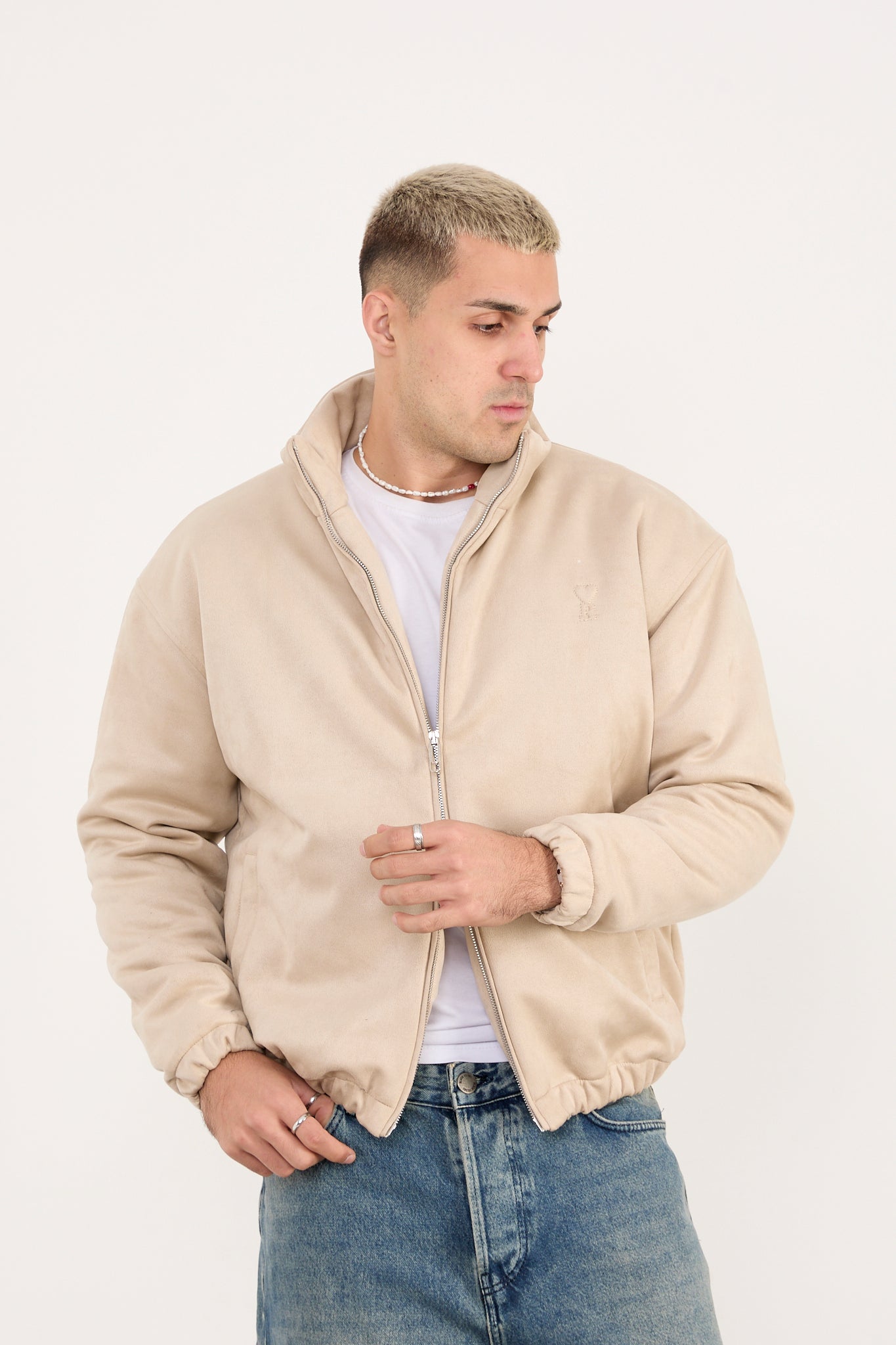 X-2035 Men’s Vegan Leather Zip Jacket with Soft Lining – Beige