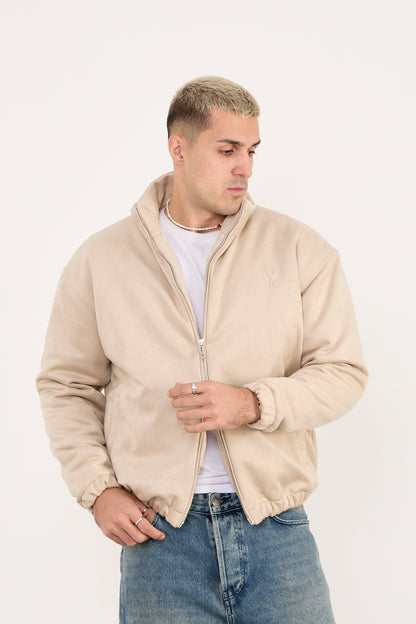X-2035 Men’s Vegan Leather Zip Jacket with Soft Lining – Beige